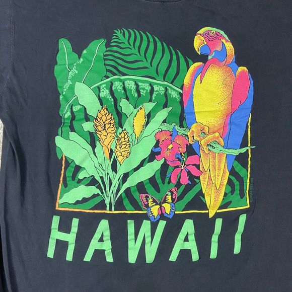 Vintage Poly Tees Shirt Adult XXXL Black Hawaii Parrot 1990 Flowers Butterfly - Picture 16 of 16